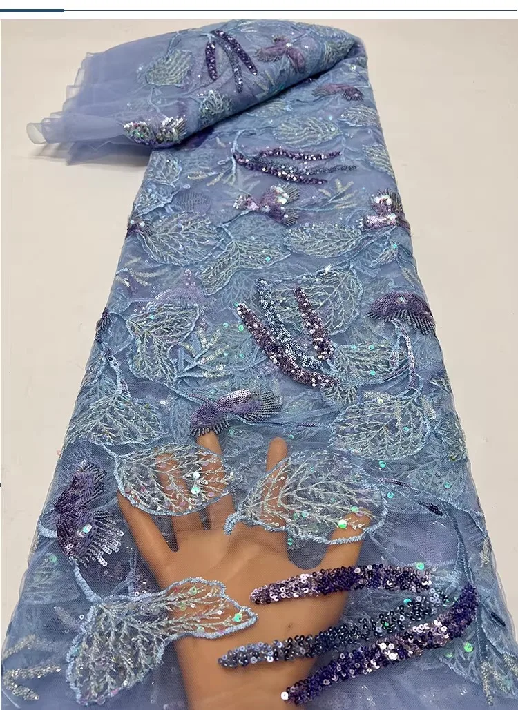 

2-ярдовая новая сетчатая ткань с вышивкой в виде листьев и бабочек, с бисером и пайетками, для пошива одежды, вечерних платьев и нарядов.