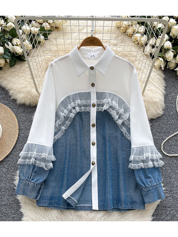 

Women's Spring Shirt Korean Version Lace Patchwork Long Sleeved Denim Shirt Loose Versatile Single Breasted Jacket BL172