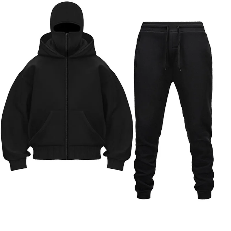 

Double Hat Hoodies Pants Set Autumn Winter Balaclava Hooded Sweatshirt Trendy Hip Hop Men Women Couple Face Mask Zipper Hoodie