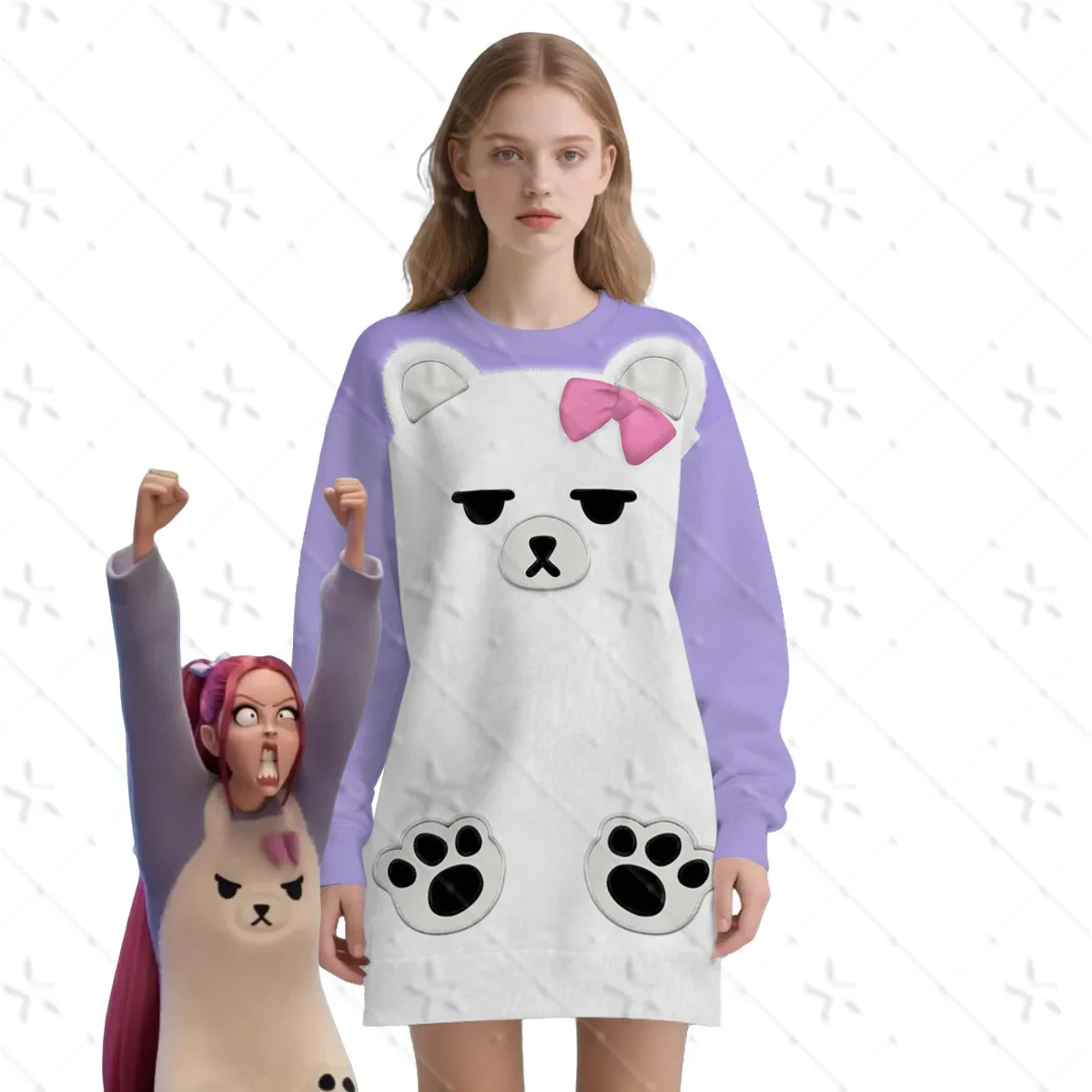 

Demon Hunter of KPop Mira Cosplay Purple Sleepdress Headwear White Bear Pajama Women Sleepwear Halloween Carnival Party Outfits