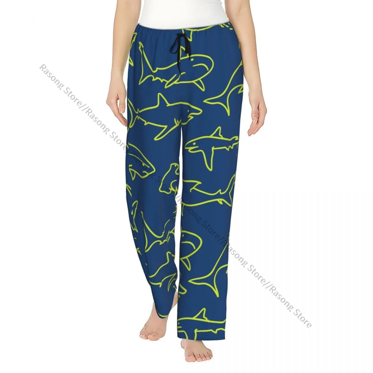 

Swimming Sharks Navy Print Women Sleep Pants Warm Flannel Lounge Pants for Winter Nights
