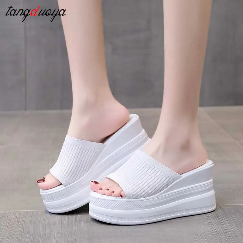 Summer Slip on Women New Wedges Sandals Platform High Heels Fashion Open Toe Fish Mouth Slippers Ladies Casual Shoes red white