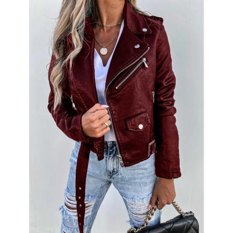 Mandylandy locomotiva PU giacche Outwear donna manica lunga cerniera giacca moda PU cappotto in pelle moto cappotti corti Outwear