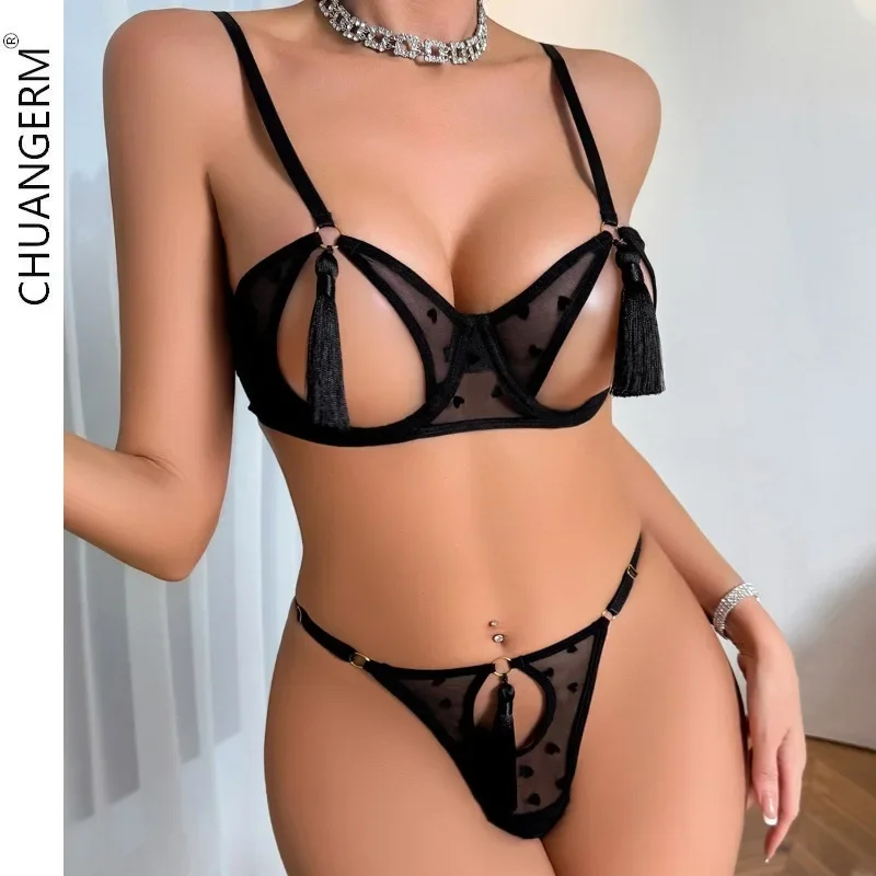 

CHUANGERM Sexy Tassel Lingerie Set Women's Bra and Panty Underwear Hollow Out Set Halter Sexy Erotic Set Back Open Sex Brief Kit