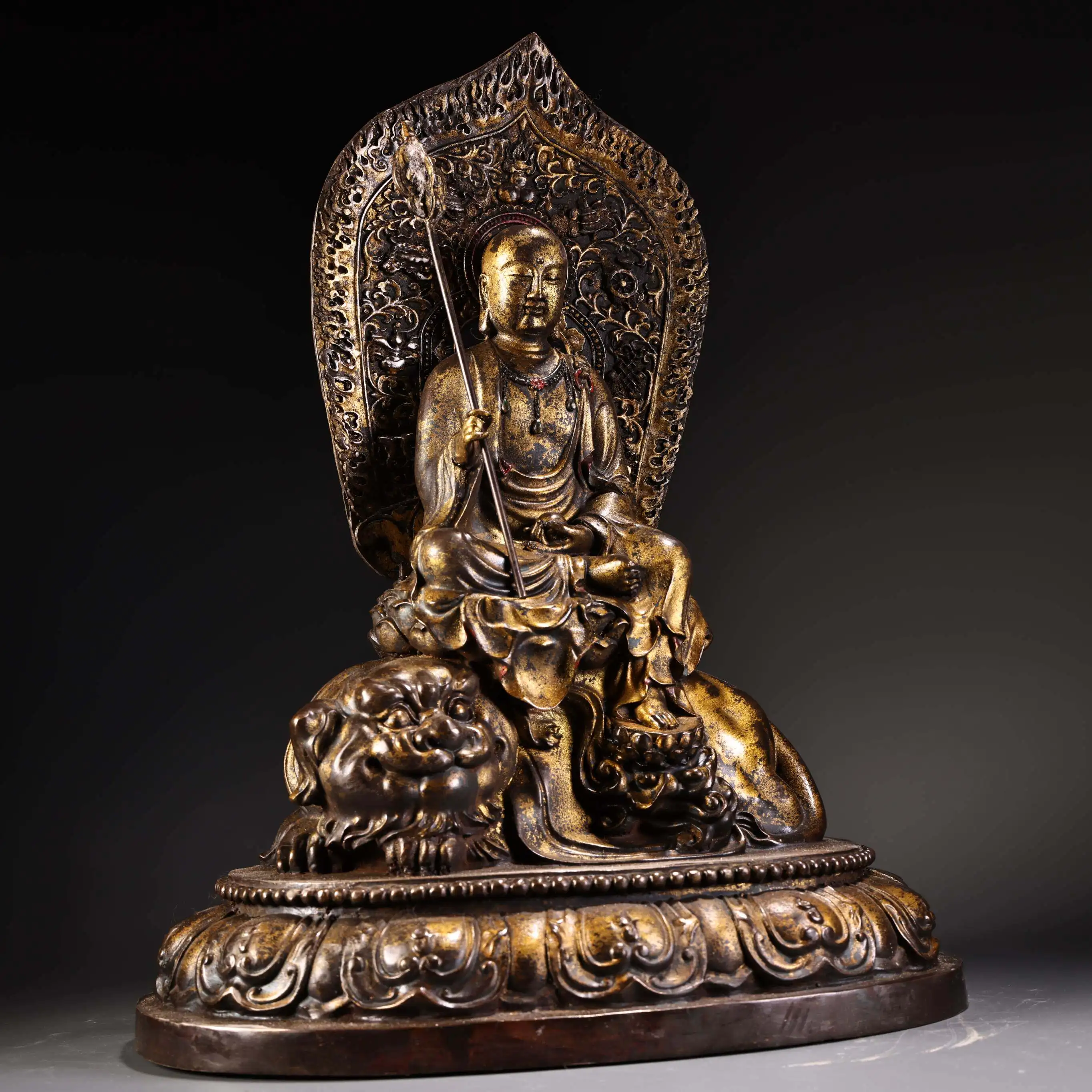 Ksitigarbha Bodhisattva Brass Statue with Lion Pure Copper Gilt Retro Home Altar Decor