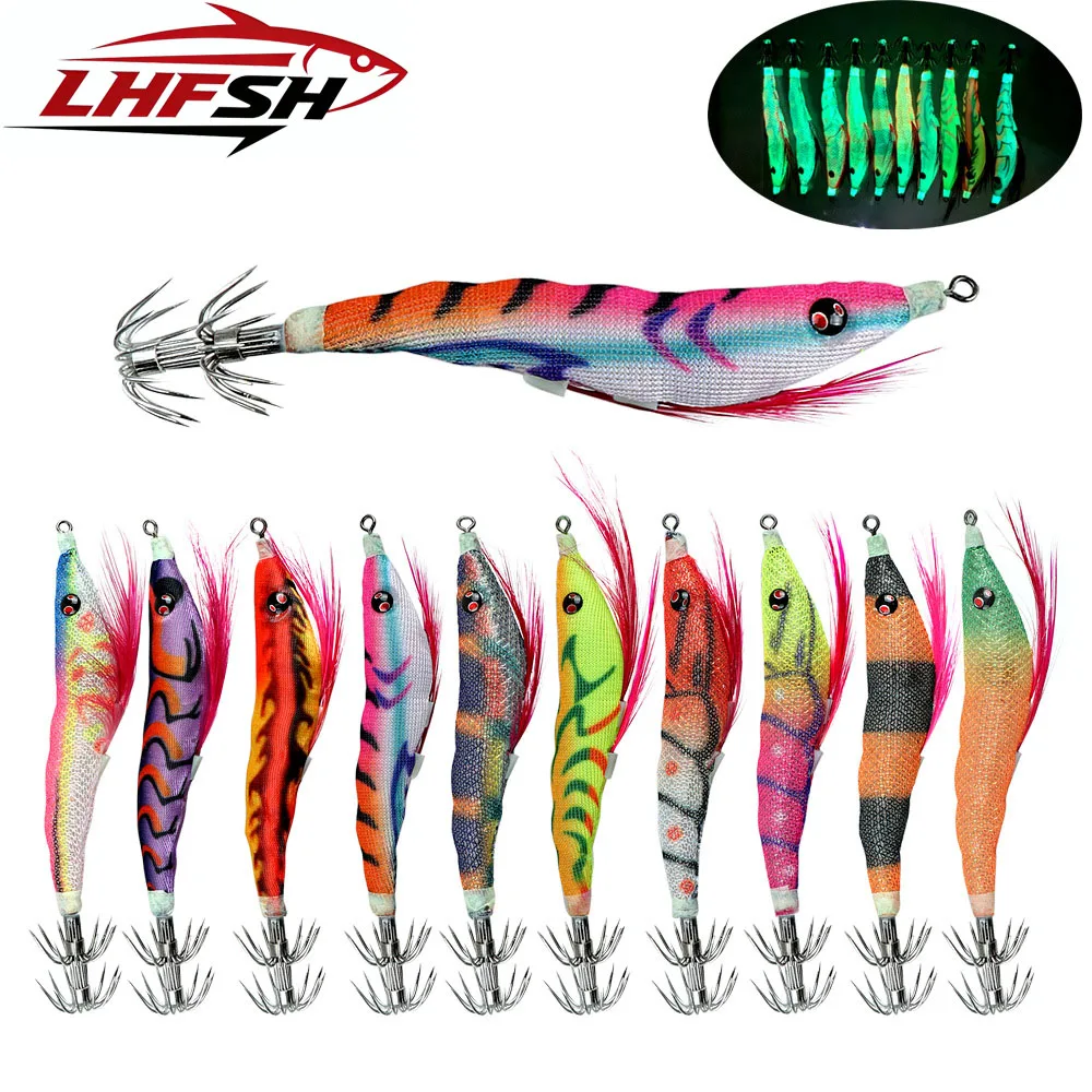 LHFSH 11cm7g Vollkörper Leuchtender Tintenfisch-Hakenköder Holz-Garnelen-Köder für Salzwasser- und Süßwasserfischen Langlebiges Angelzubehör 10 Farben