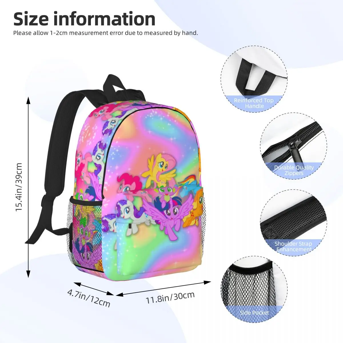 Mochila compacta My Little Pony de 15 polegadas – bolsa leve e elegante, perfeita para estudantes e viajantes