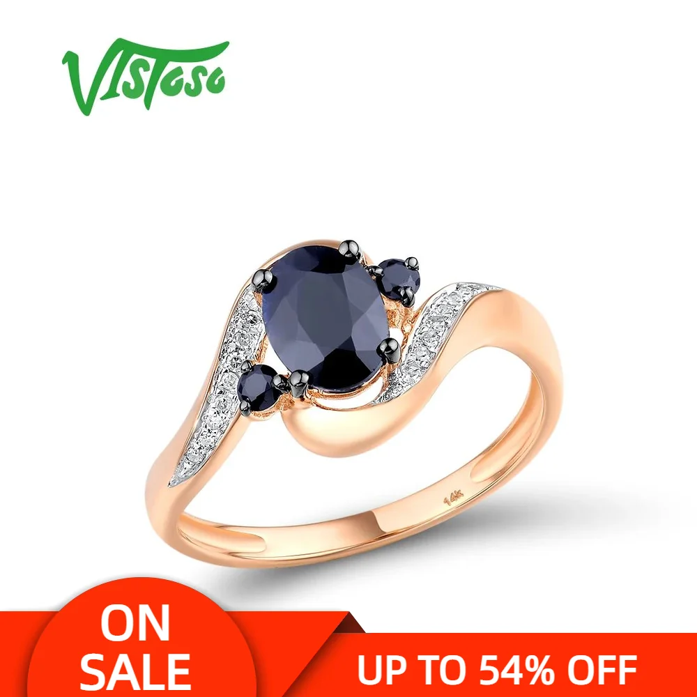 VISTOSO Gold Rings For Women Genuine 14K 585 Rose Gold Ring Sparkling Diamond Natural Blue Sapphire Luxury Trendy Fine Jewelry