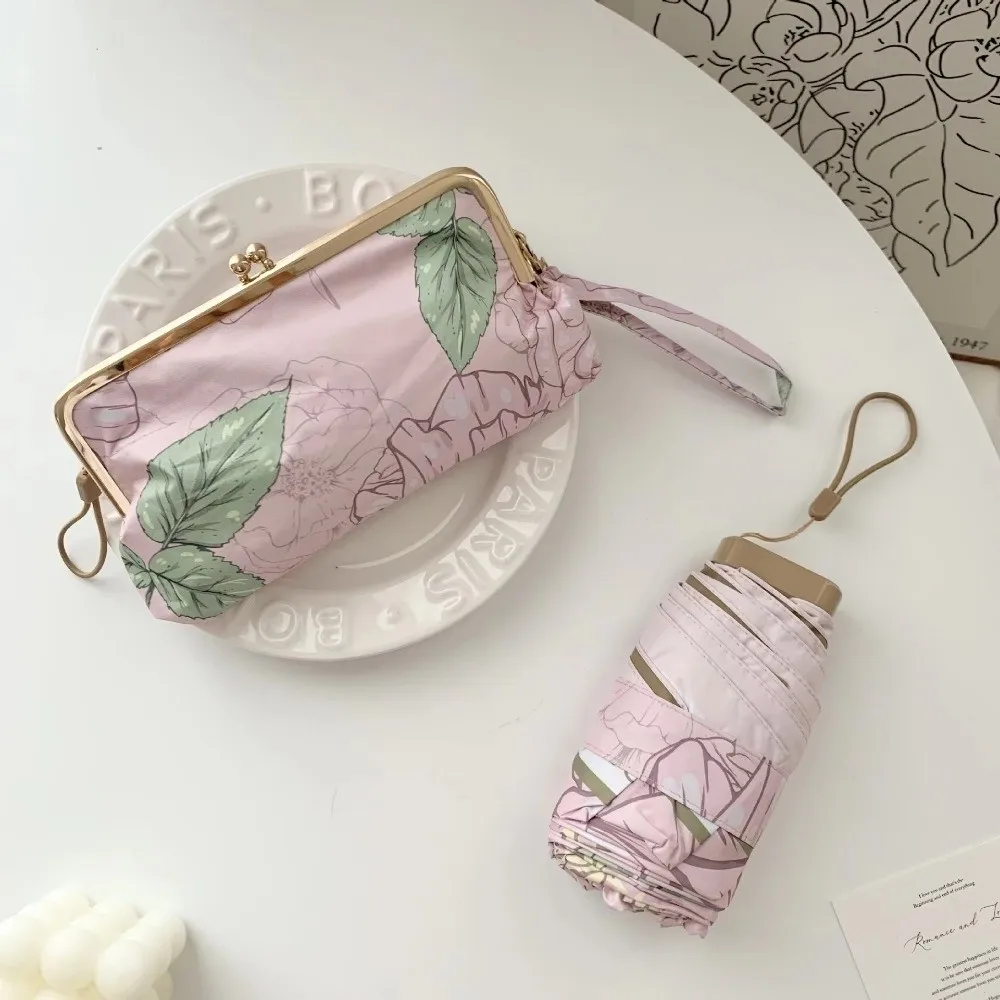 Folding Mini Sun Umbrella UV Protection Dual Use Pocket Capsule Parasol Floral Pattern with Wallet Pocket Rain Umbrella Summer