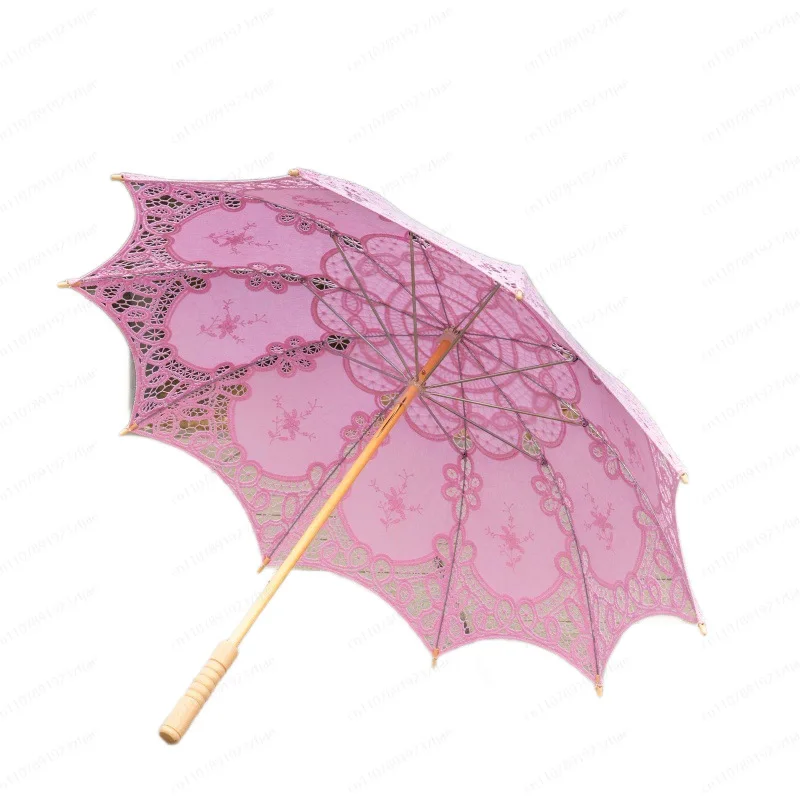 JMZ Lace Umbrella Vintage Embroidered Parasol for Women Girls Cotton Handmade Princess Style Wedding Photography Dance Prop