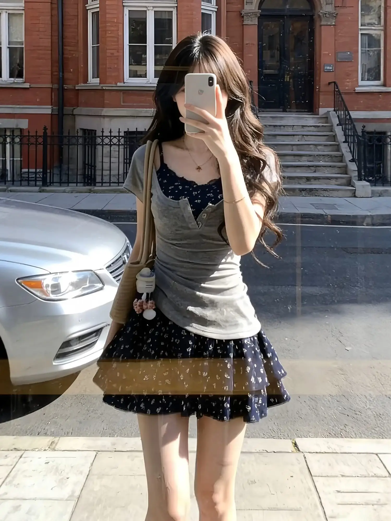 

Spring Summer New Gentle Sweet Sister Dark Blue Floral Print Strap Dress Grey Slim Fit Short Sleeve T Shirt Set Women