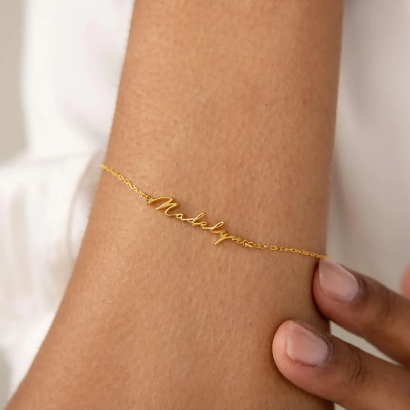 Personalized Cursive Name Bracelet,Custom Handwritten Name Bracelet,304 Stainless Steel Chain Customized Women Jewelry