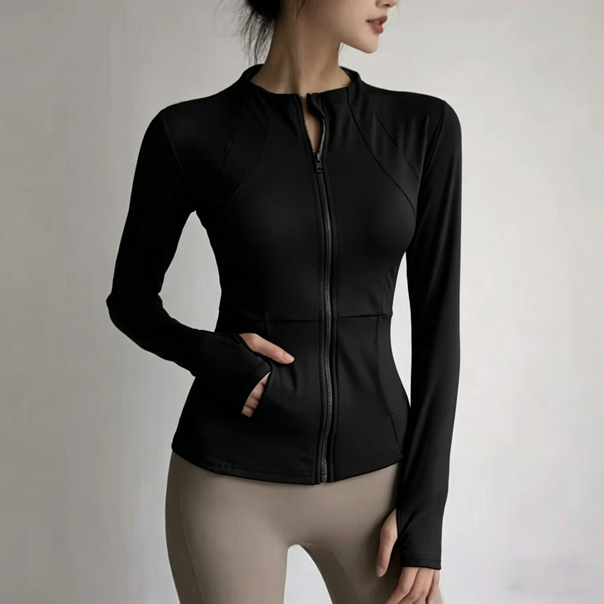 Women Stand Collar Zip Up Yoga Jacket With Pockets, Slim Fit Workout Coat With Thumb Hole, Stretch Sports Activewear Outerwear