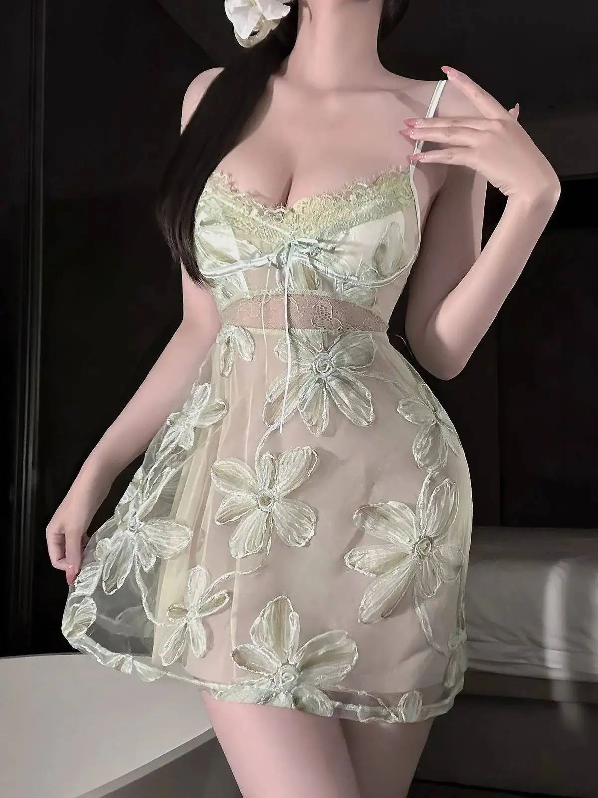 Seksowna francuska koszulka nocna na ramiączkach dla kobiet, nowa, z wytłaczanymi kwiatami, ażurowa koronka, siateczka sukienka czystej pożądania, elegancka koronka siateczkowa TUC8