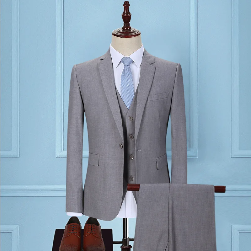 

Light Gray Mens 3 Piece Suit Slim Fit Korean Style Wedding Groom Formal Business Office Suit Set