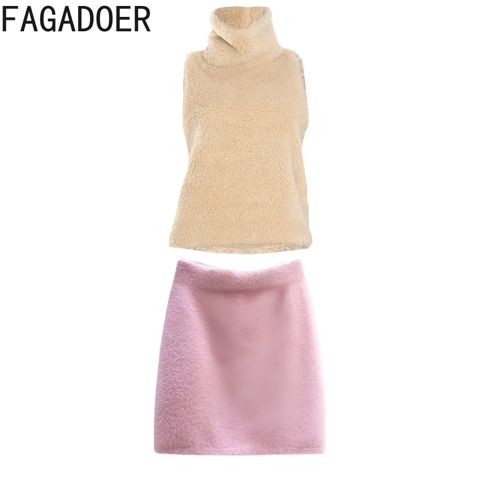 FAGADOER Winter Nieuwe Sexy Hoge Hals Tweedelige Outfits Vrouw Mouwloos Bont Patchwork Crop Top en Rok Past Vrouwelijke Streetwear