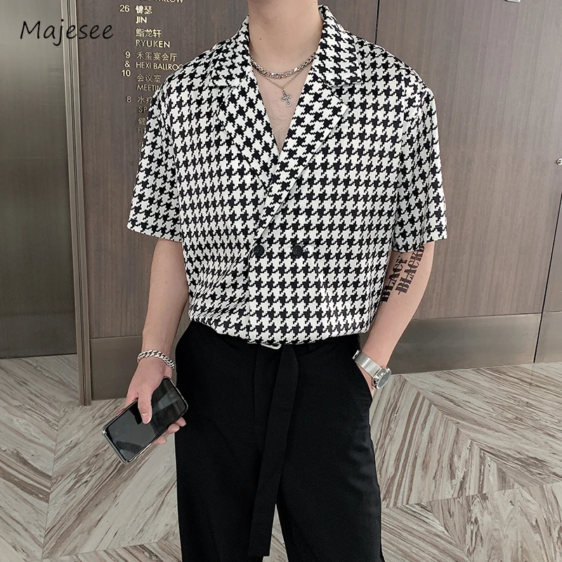 Shirts Men Unisex Casual Daily Summer Short Sleeve Houndstooth Trendy V-neck Chic British Style Loose Double-breasted Streetwear