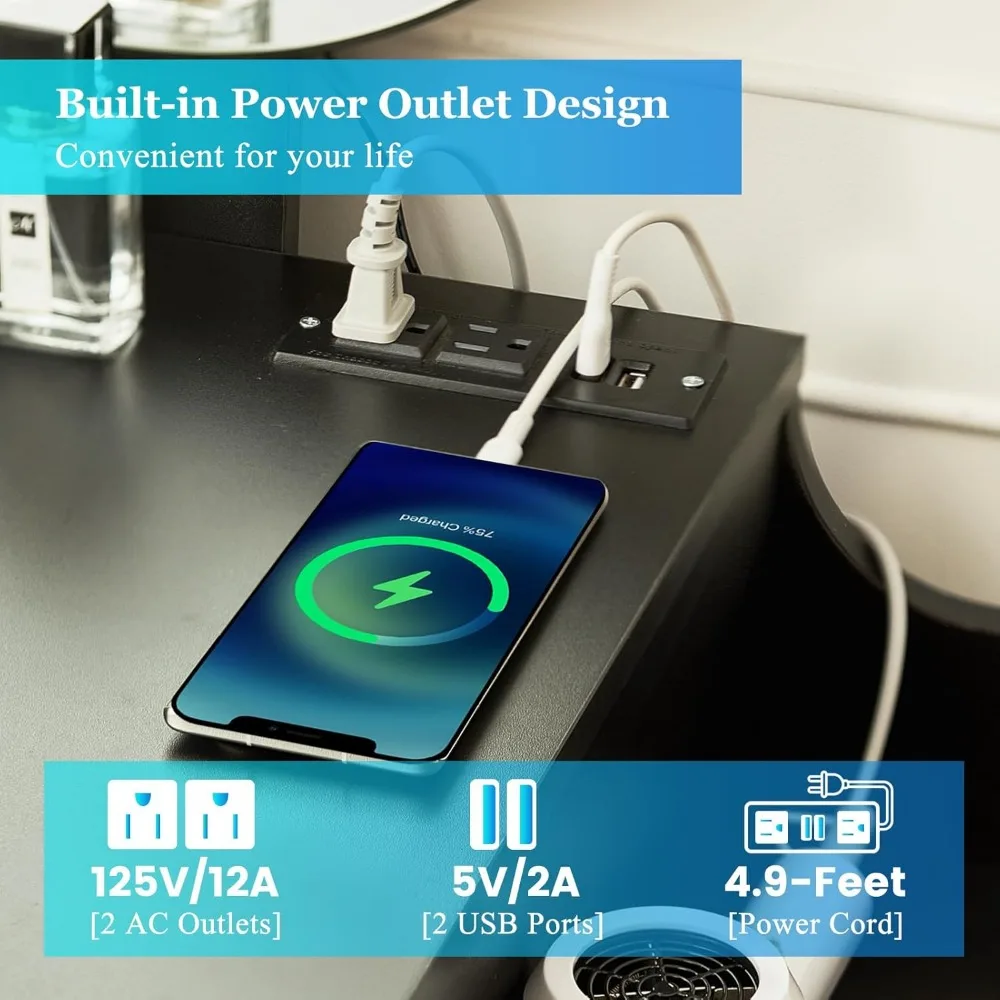 penteadeira de maquiagem iluminada com luzes ajustáveis de 3 cores e tomada de energia integrada