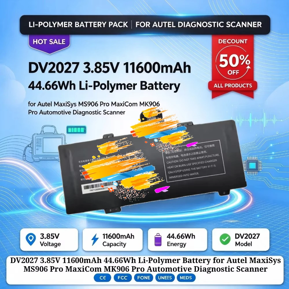 DV2027 3.85V 11600mAh 44.66Wh Li-Polymer Battery for Autel MaxiSys MS906 Pro MaxiCom MK906 Pro Automotive Diagnostic Scanner