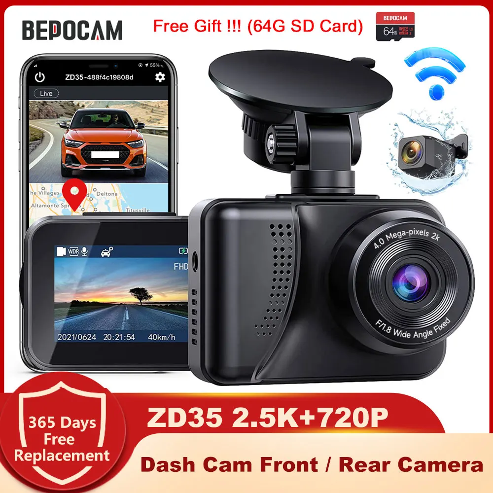 

BEPOCAM 2 Channel Dash Cam 2.5K Car DVR Wifi GPS Black box Rear Camera Motion Detection Video Recorder Recording Dashcam ZD35