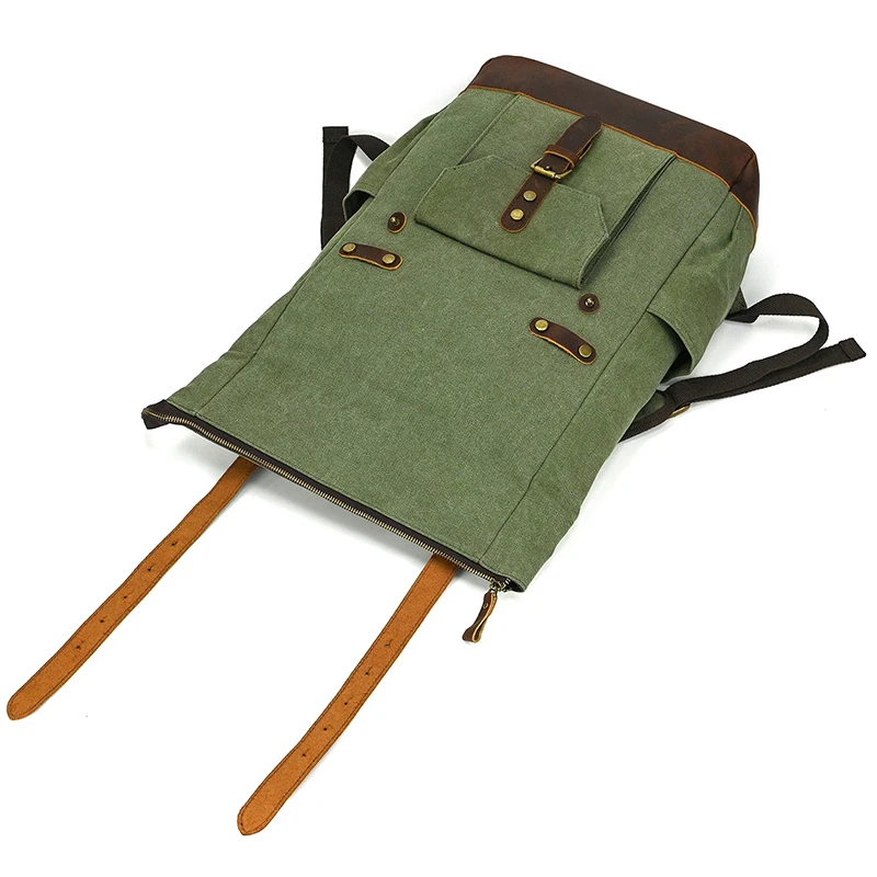 High Quality Leather Canvas Backpack Crazy Horse Leather Backpack For Mens Big Capacity Travel Bag Laptop Backpacks Army Green