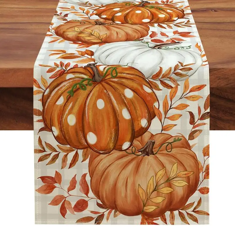 Thanksgiving Autumn Pumpkin Table Runner 13x72inch Pumpkins Leaves Farmhouse Table Decoration Linen Rectangular