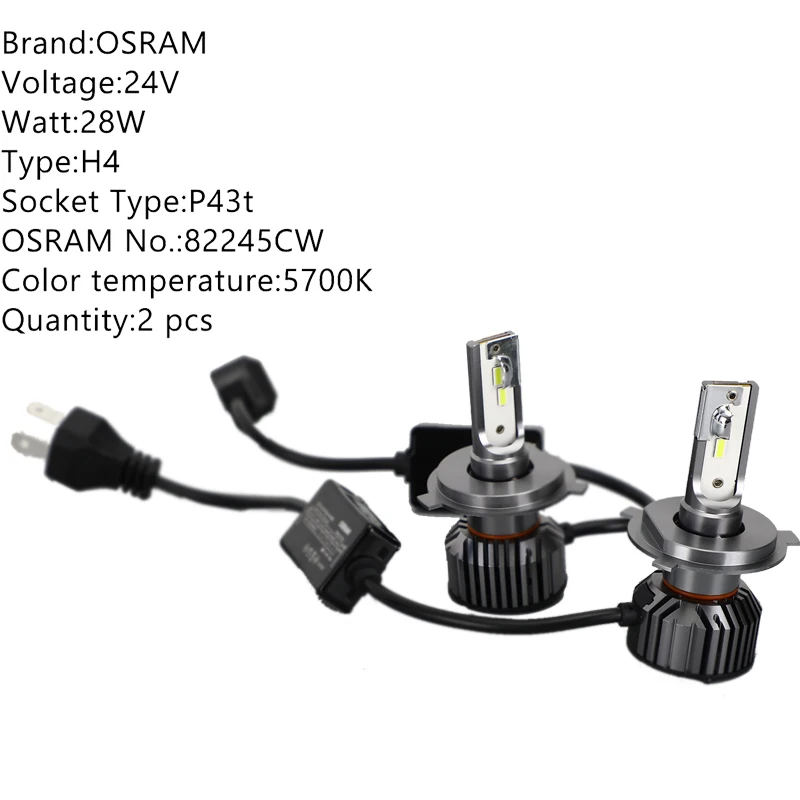 OSRAM Classic LED TRUCK HL H4 24V P43t Truck Headlight 28W 5700K Super Bright High/Low Beam Fog Lamp Cool White Car Bulb (2 Pcs)