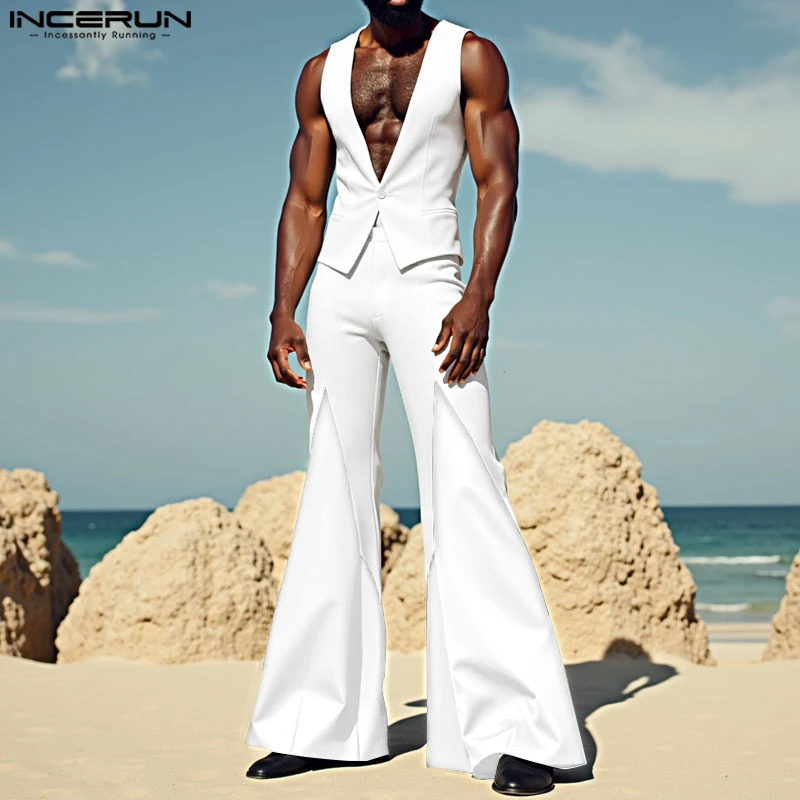 

INCERUN Men Sets Patchwork Color-block V Neck Sleeveless Vests & Flare Pants Two Pieces Sets Streetwear Fashion Men's Suits 2PCS