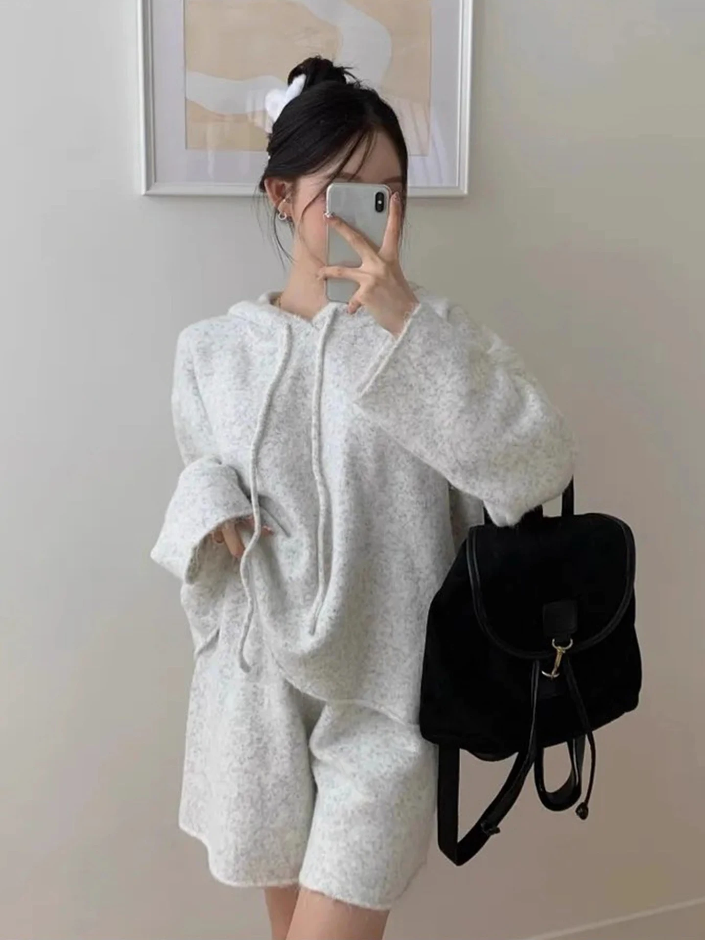 Ele Knitted Loose Cuffed Sweater Women's High Waist Casual orts Two Piece Set Commute Sle Long Sve Autumn Faion