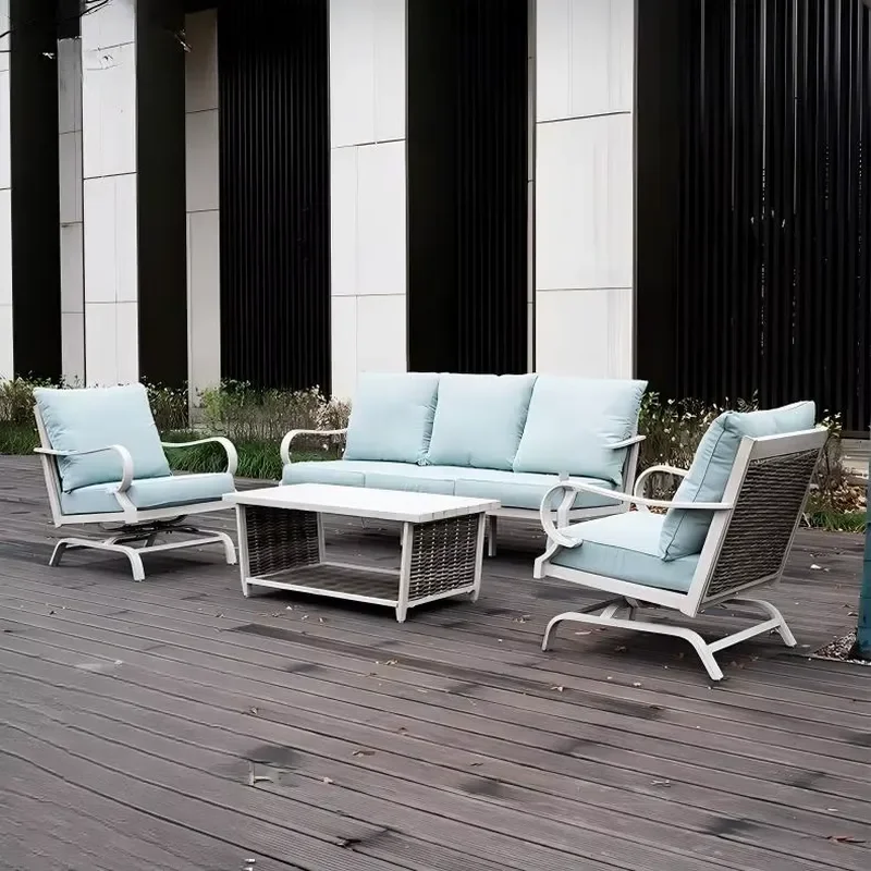 Light Blue Cast Aluminum Patio Sofa Set with 2 Rotating Rocking Chairs Wicker Coffee Table Storage Waterproof Cushions