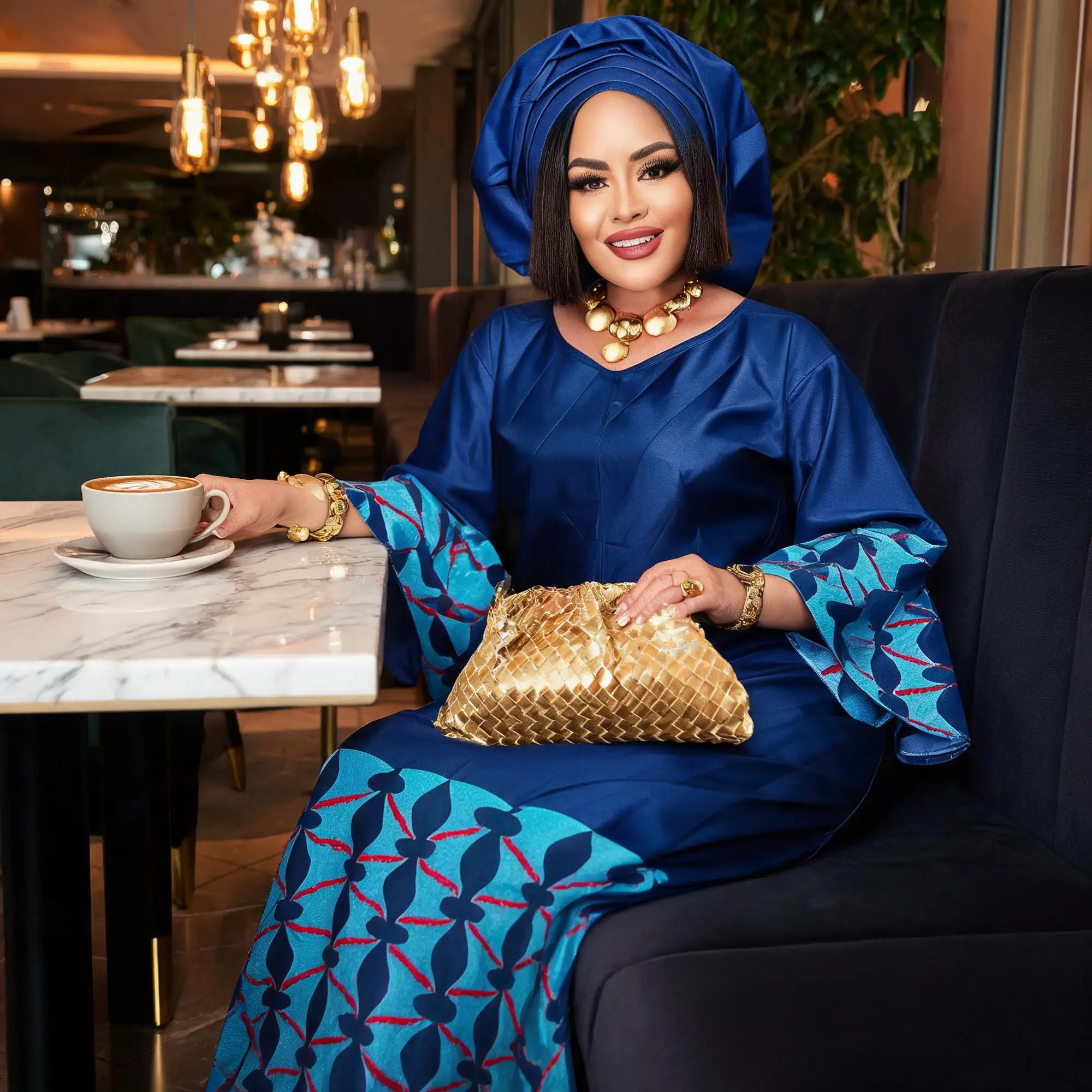 Women's African Embroidered Boubou Robe Batwing Sleeve Satin Maxi Dress for Party Church Lace Collar