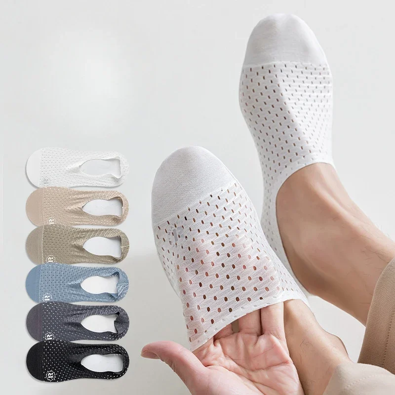 

Slippers Hollow Out Breathable Summer Invisible No Show Socks Solid Color Silicone Non-slip Sock Men Male Ice Silk Sock Slippers