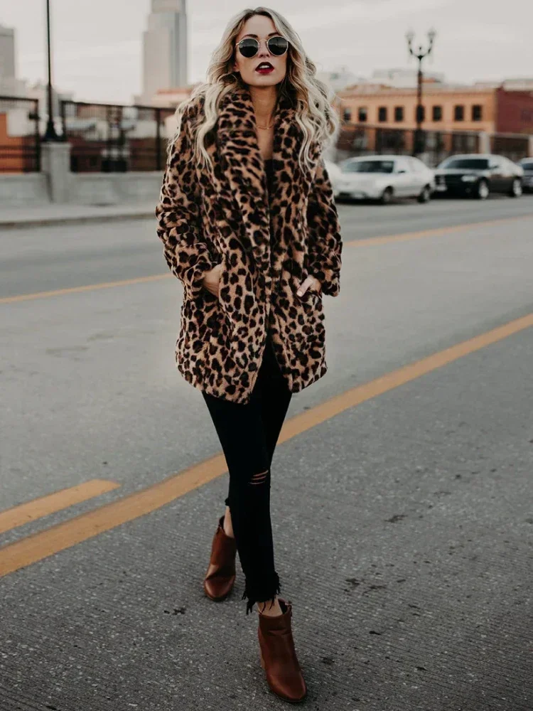 Women\'s Warm Faux Fur Jackets Coat Leopard Leisure Women Winter Shaggy Fur  Jackets Thick Fluffy Luxury Bontjas Outerwear 2023