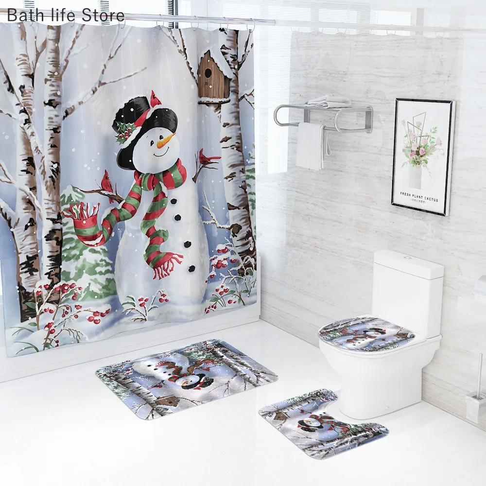 Cute Christmas Snowman Shower Curtains Winter Forest Landscape New Year Holiday Decor Waterproof Bathroom Curtain Set 180x180cm