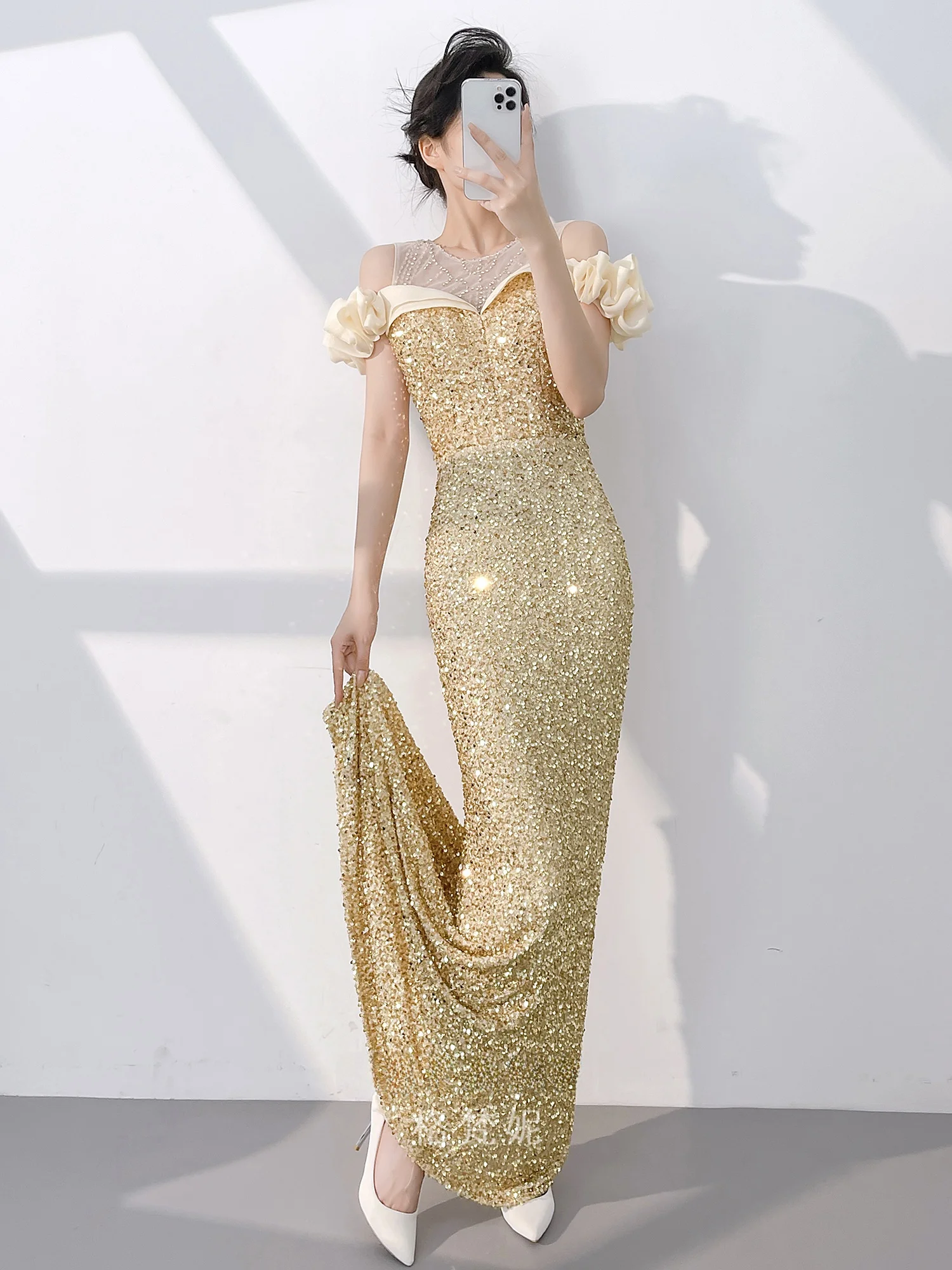 

Ele Evening Gown Women's High-End Sensation Ball Aosphere Luxury Golden Sparkling Host Sequin Fi Tail Dr