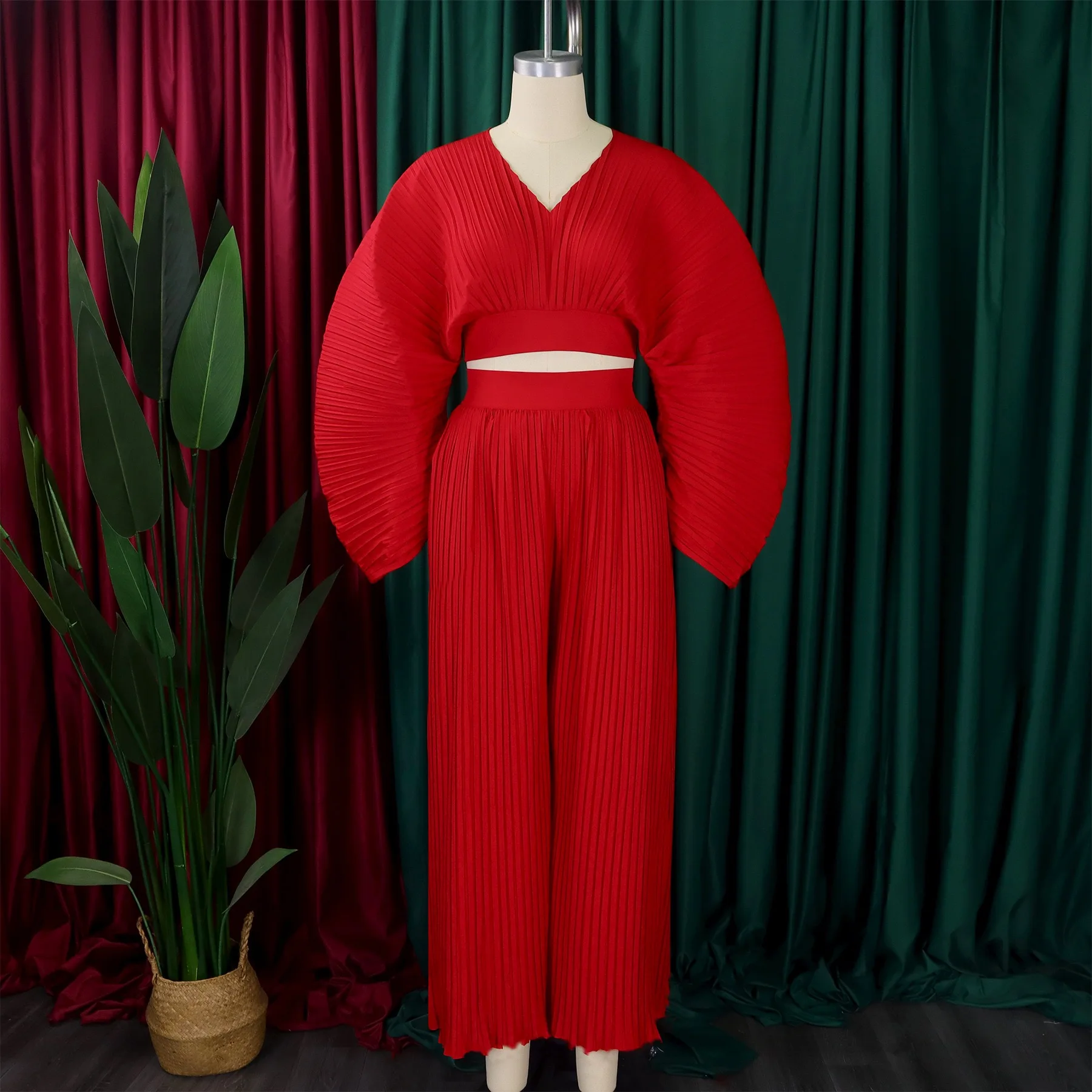 Women 2 Pieces Pants Sets Pleated Blouse V Neck Full Sleeve & Long Trousers Floor Length Elegant Ladies Outfits Pants Sets 2024