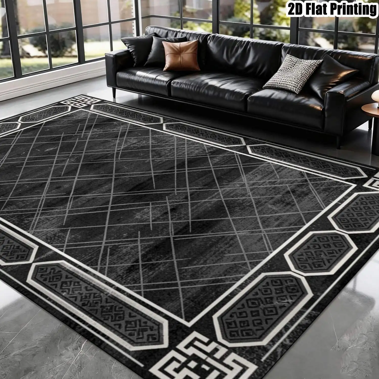 1Pc 2D Printed Retro Geometric Black&Gray Carpet, Modern Simple, Fits European Decor, Multi-Size, Machine Washable, Ideal for Entrance, Dining, Foyer, Bedroom, Study, Living Room