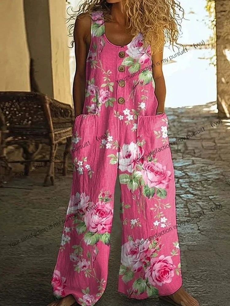 Vintage Print Tasten Ärmellose Overalls Frauen Sommer Neue Mode Temperament Lose Breite Beine Overall Dame Pendeln Kleidung