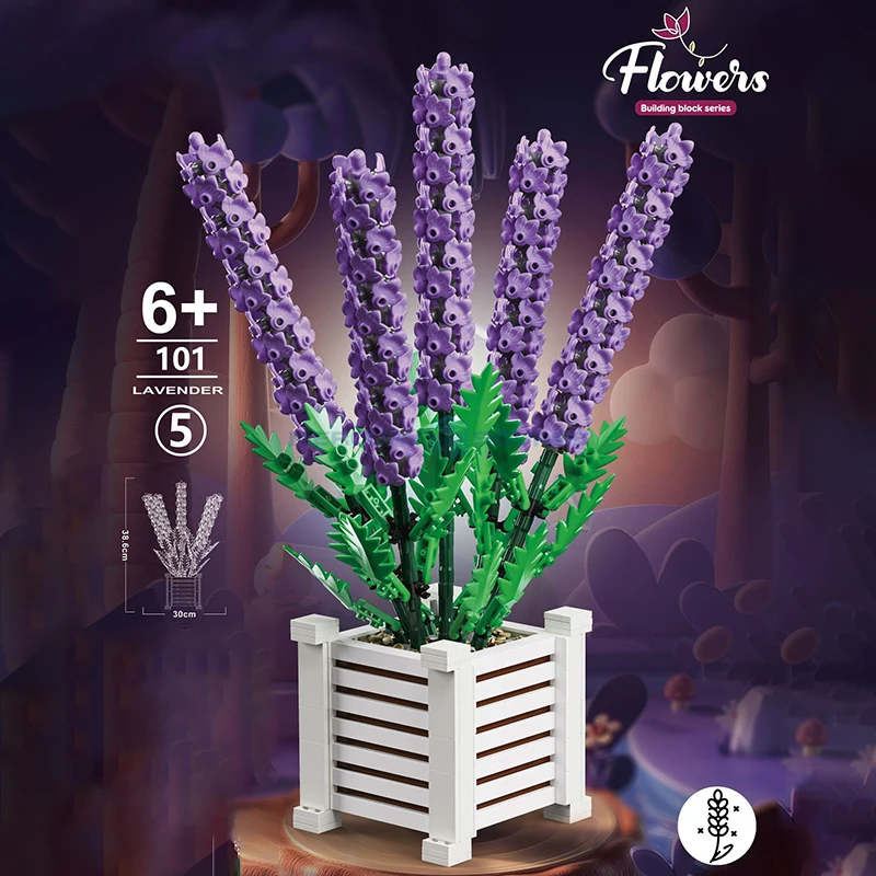 Lavender Flower Bonsai MOC Potted Plant Building Blocks Ideas Ornament Bricks Toy Set Birthday Gift for Girls Boys Kids