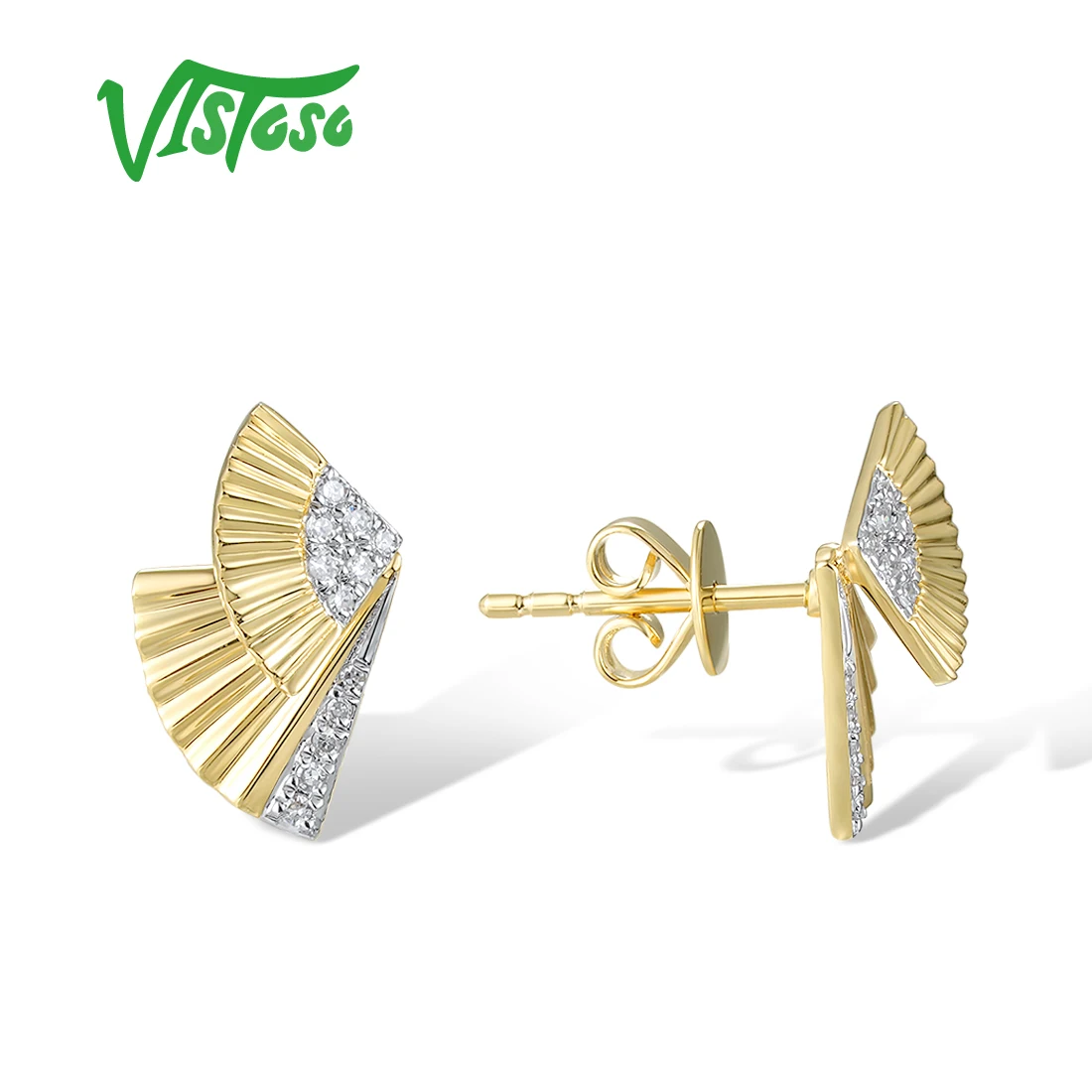 VISTOSO Pure 14K 585 Yellow Gold Stud Earrings For Women Sparkling Diamonds Unique Fan Shape Wedding Trendy Party Fine Jewelry