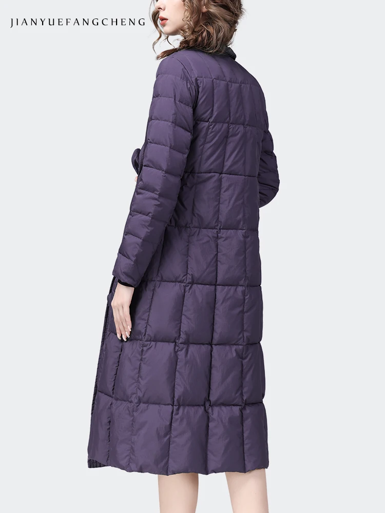 Women Winter Purple Long Down Jacket Over-knee Loose Casual Dresses Warm Lightweight White Duck Down Padding Trench Coat