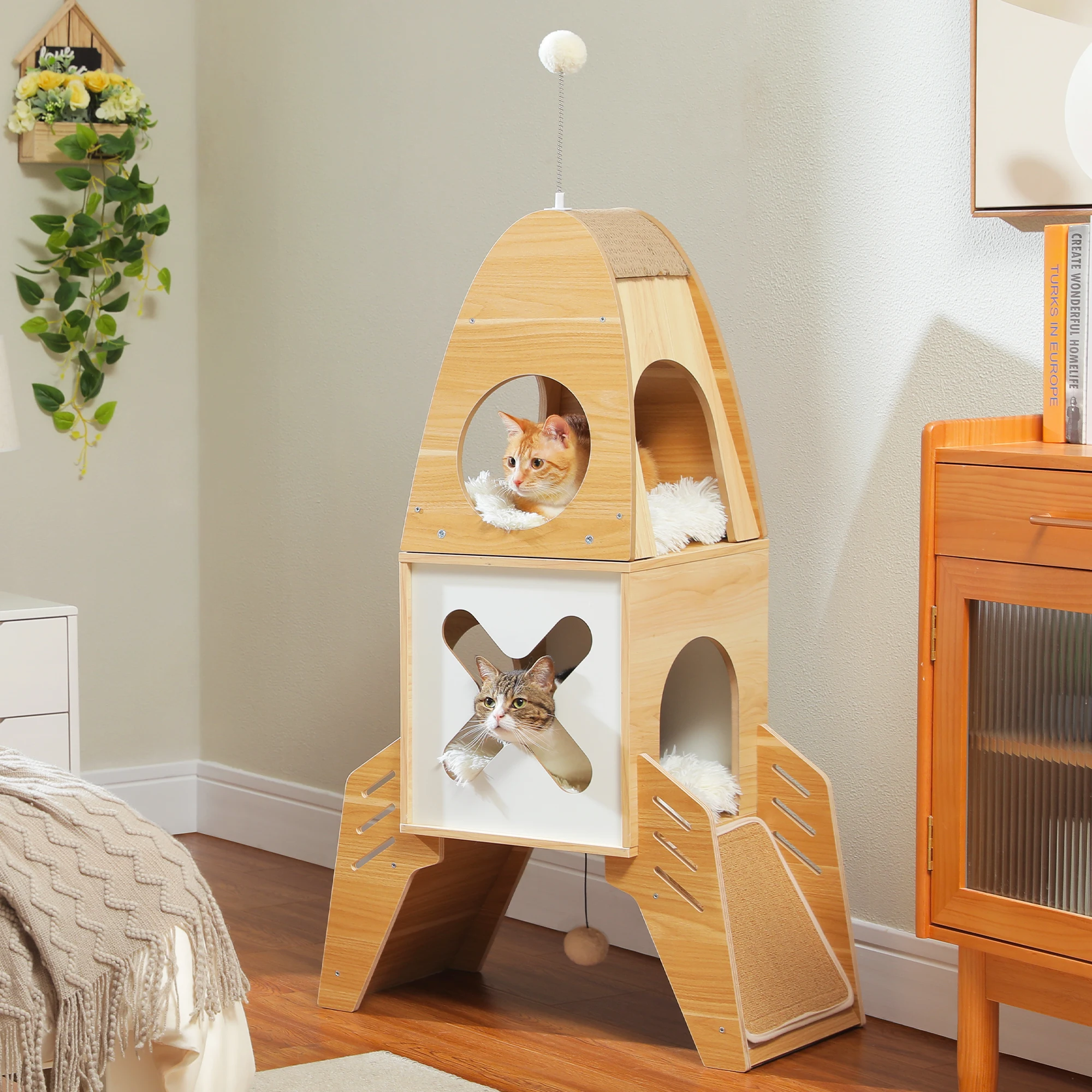 Wood Cat Tower for Indoor, Modern Cat Tree with 2 Cozy Condos, Sisal Scratcher Pads, Dangling Balls, Rocket Shape Cat Furniture