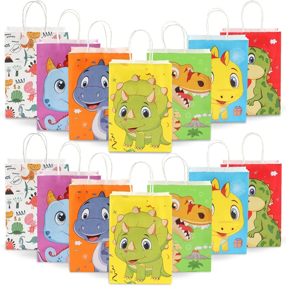 12Pcs/Pack Dinosaur Theme Cartoon Gift Bag Festival Paper Bag With Handles Baby Shower Candy Bags Kids Birthday Party Supplies