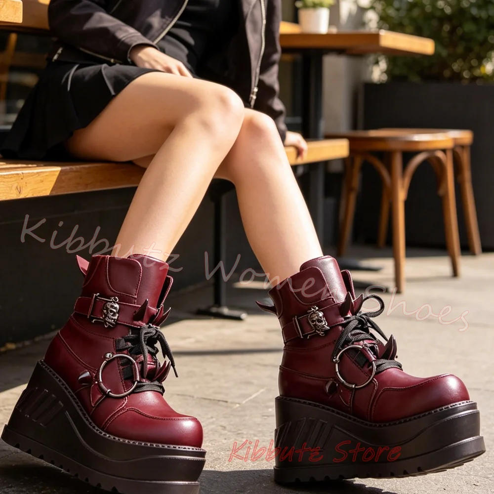 Gothic Sneaker Motorcycle Ankle Boots Round Toe Thick Bottom Leather Solid Color Lace-Up Fashion Elegant Concise Women Shoes New