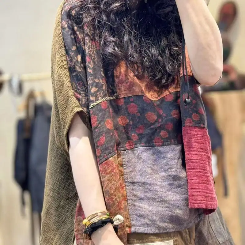 

New Summer Arts Style Women O-neck Loose Tops Tees Vintage Patchwork Cotton Linen Batwing Sleeve Tee Shirt Good Quality B0425