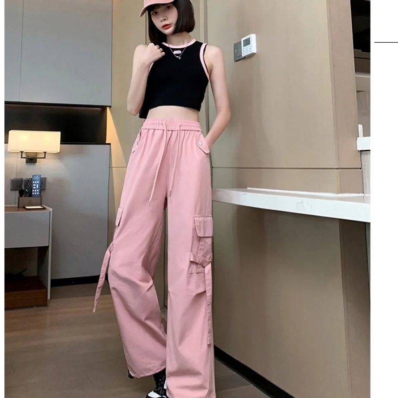 النساء قيعان رمادي Vintage السراويل البضائع رقيقة عالية الخصر واسعة الساق مستقيم جيب السراويل غير رسمية فضفاض التطهير بنطلون السيدات الصيف #2