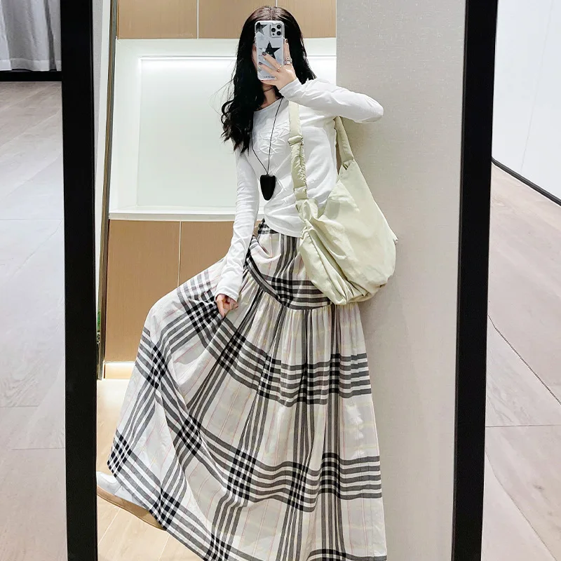 Long skirt women's summer high waisted and wide skirt A-line flesh blocking artistic retro half skirt 2025 new style