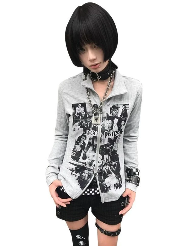 HOUZHOU Harajuku Grunge Zipper Sweatshirts Vintage Y2k Gothic Print Long Sleeve Tops Punk American Retro Streetwear Sweatshirts