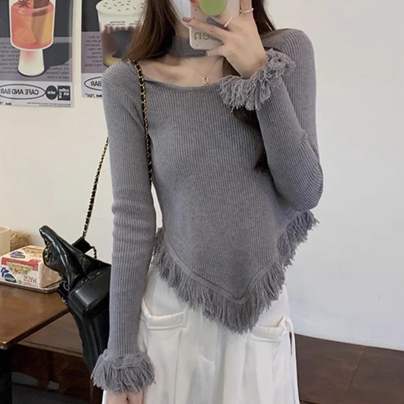 T-shirt slim avec pompon irrégulier pour femme, chemise astronomique, pull licou, document solide, vêtements d'automne et d'hiver