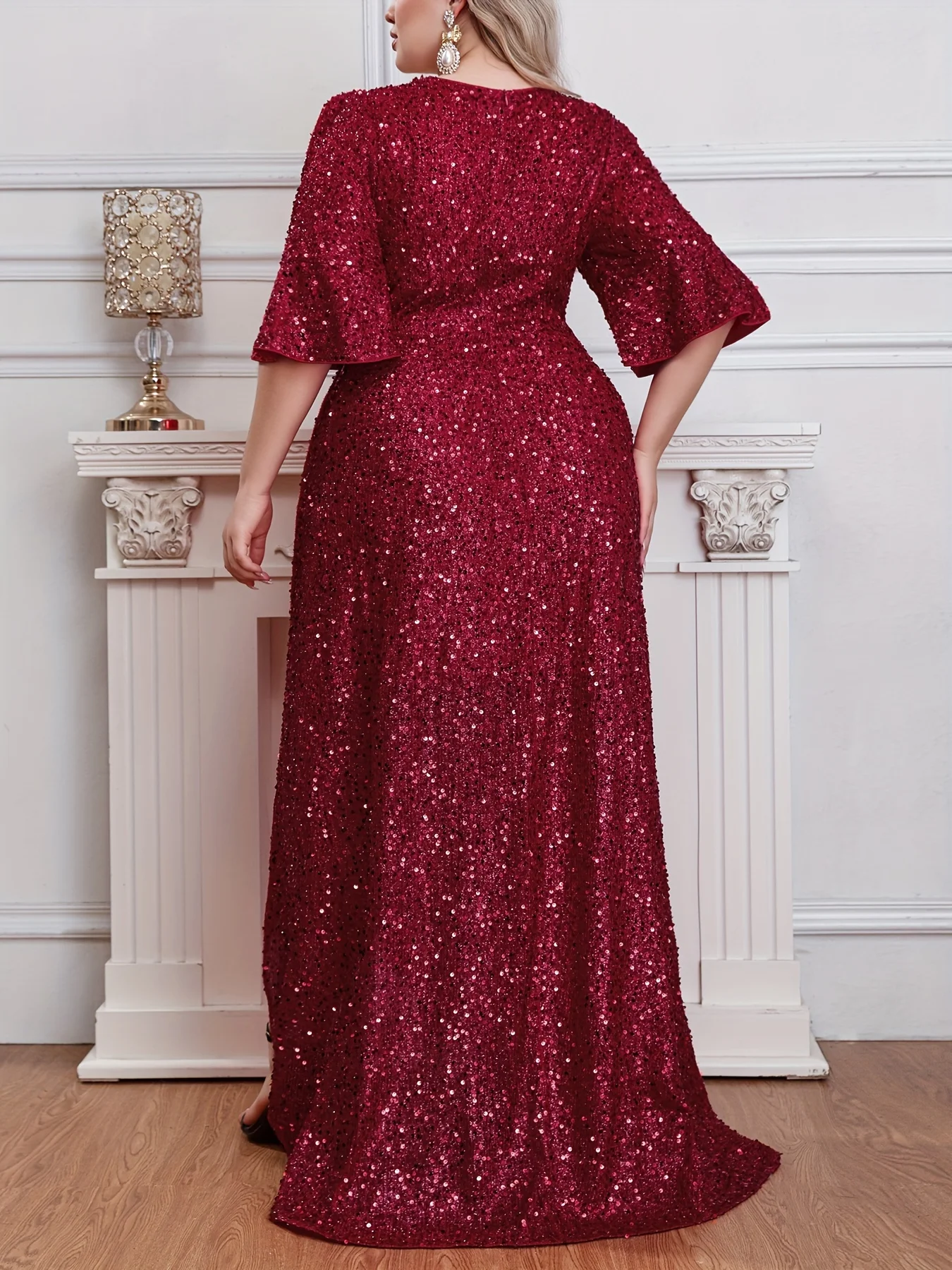 Robe de soirée à paillettes, grande taille, col en v, manches courtes, jupe irrégulière, luxe, été